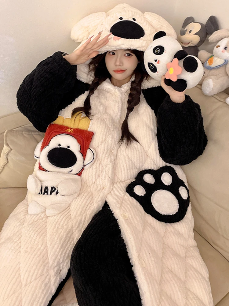 Coral Fleece Pajamas Women's Autumn and Winter Three-Layer Quilted Thickened Cartoon Hood Long sleeve Flannel Home Wear Set