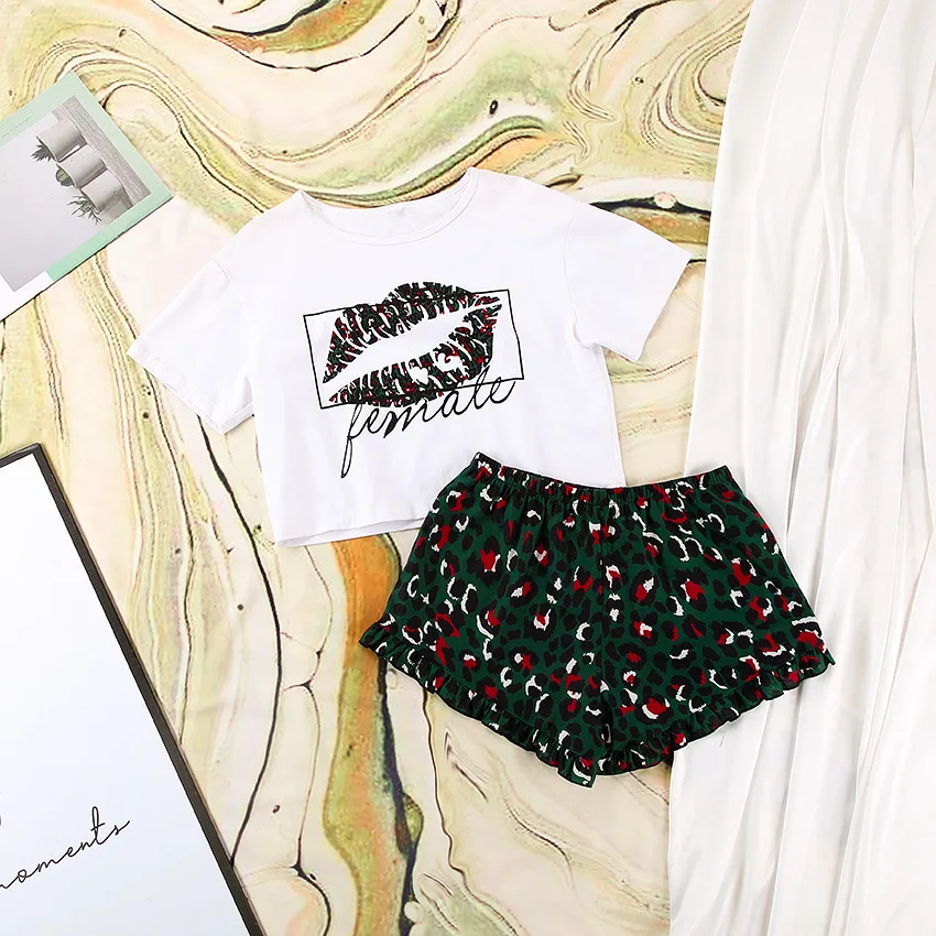 2022 New Design Crop Top and Short Women's Printing Pajamas Homewear European Styles Summer Two Pieces Set Casual Sleepwear
