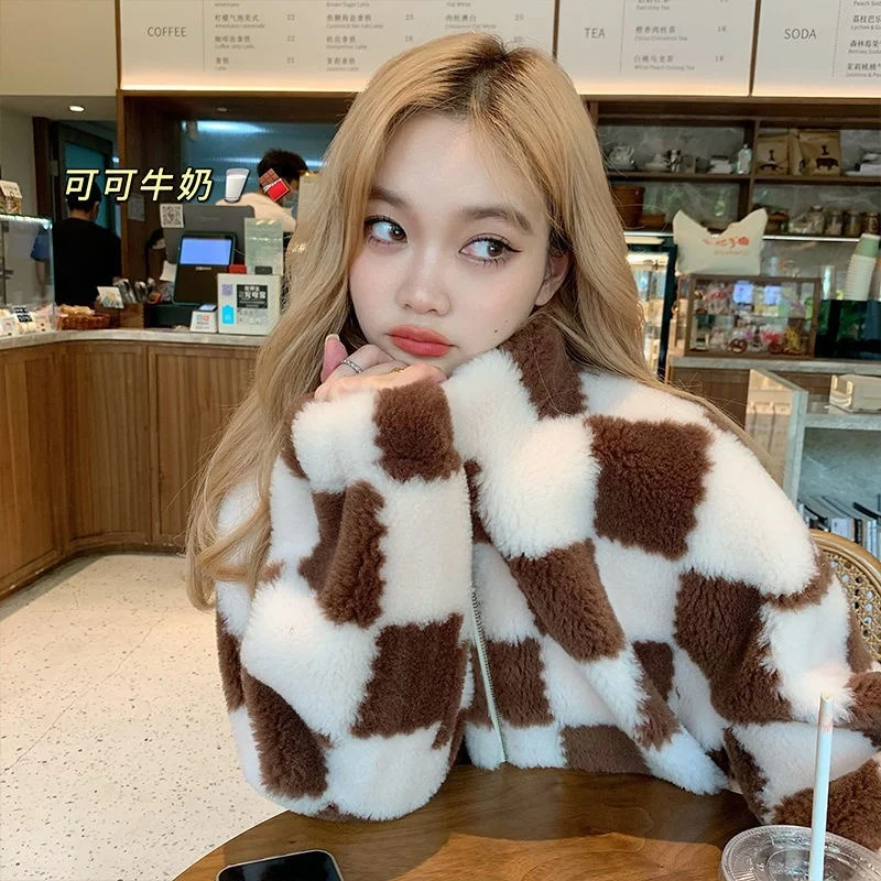 Checkerboard Women's Jacket Faux Fur Teddy Jacket New Retro Checkered Thicken Warm Jacket Ladies Fur Coat Winter Clothes Women