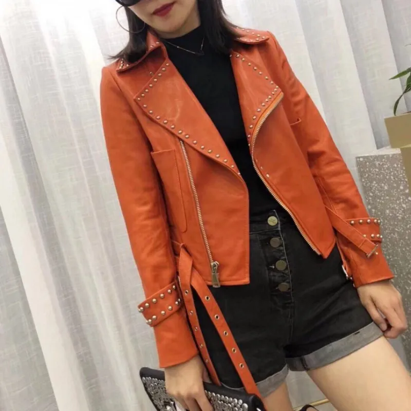 

2023 Fashion Women Candy Colors Punk Rivets 100% Sheepskin Coat Orange Green Biker Female Slim Fit Short Belted Real Leather Ja