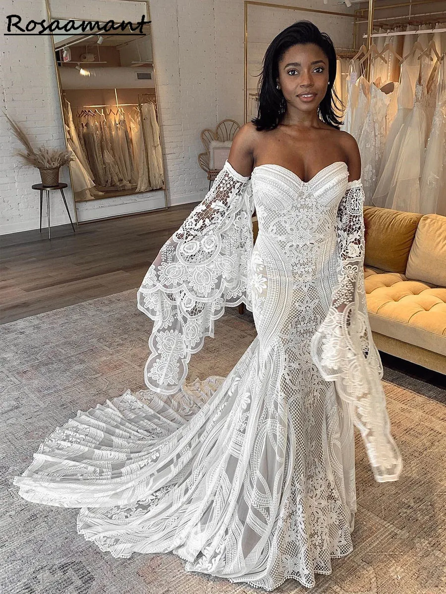 

Wedding Dresses Boho Vintage Detached Sleeves Tulle Beach Bridal Gown Vestidos De Novia Boda Civil Backless Lace Appliques