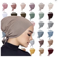 fashion premium jersey muslim inner cap stretch hijab with rope adjustable women underscarf solid color islamic turban headwear