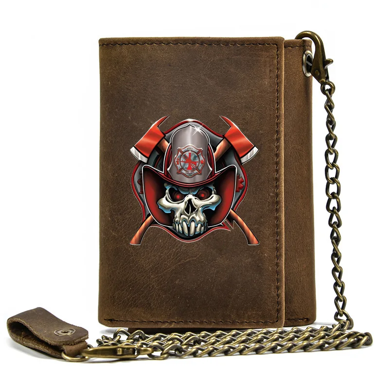 

High Quality Men Genuine Leather Wallet Anti Theft Hasp With Iron Chain Vintage Fire Fighter Skull Cover Card Holder Short Purse