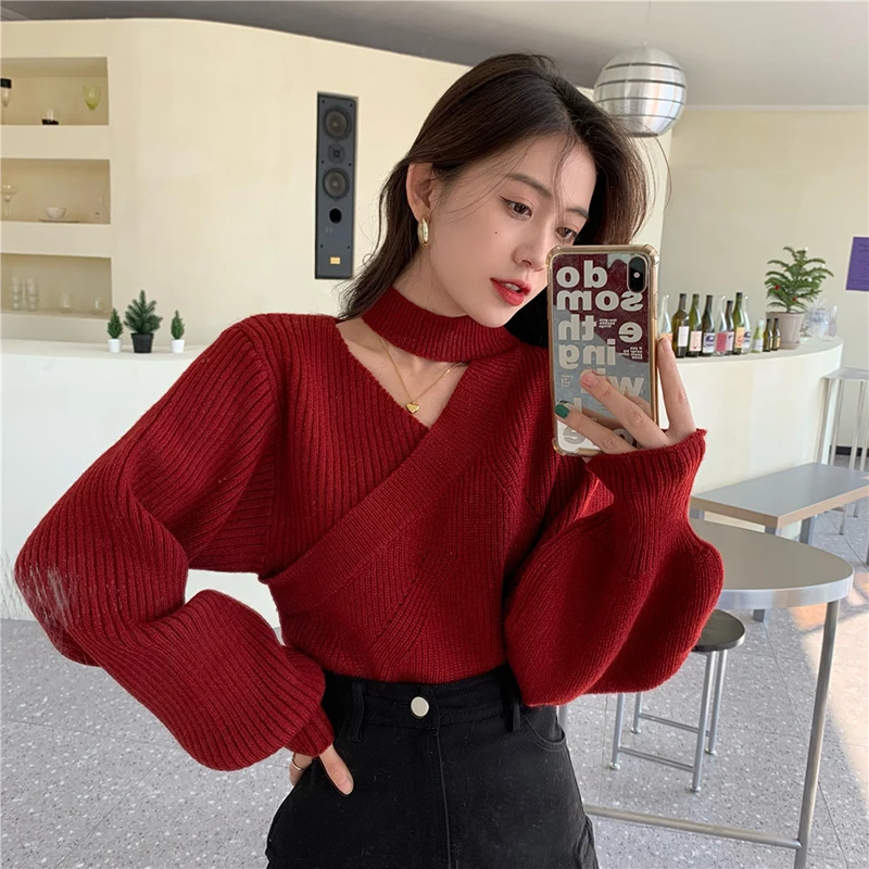 

Sexy Sweater Women Halter Neck Puff Sleeve Hollow Out Pullovers 2022 Spring Autumn Korean Fashion Elegant Knitwear Female Y920