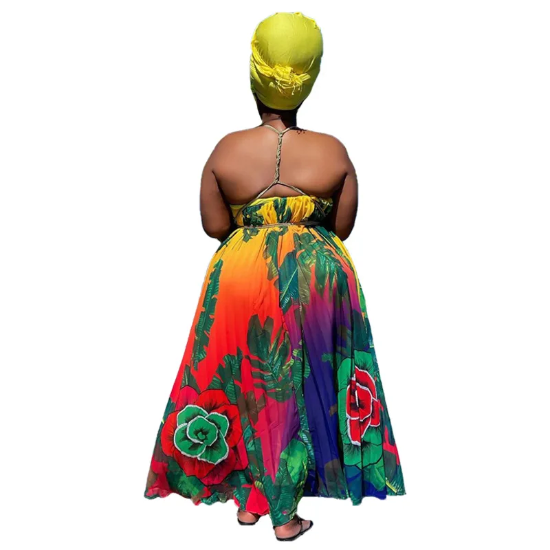 Plus Size Floral Dress Tie Dye Pleated Halter Beach Women Cloth Chubby Female Casual Long Robe 2023 Summer Trendy Wide Dress