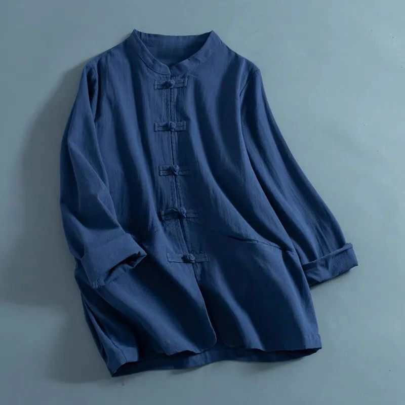 Хлопково-льняной кардиган в китайском стиле пальто на пуговицах топ с длинными