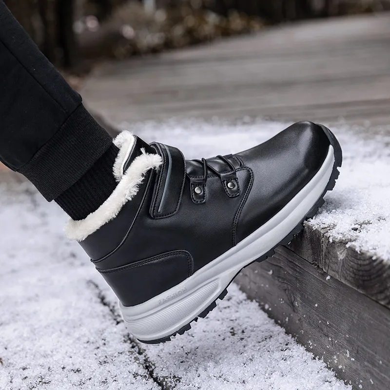 New Men Boots Fashion Leather High Top Sneakers Men Winter Waterproof Snow Boots Women Plush Warm Non-silp Hiking Shoes Men 2022