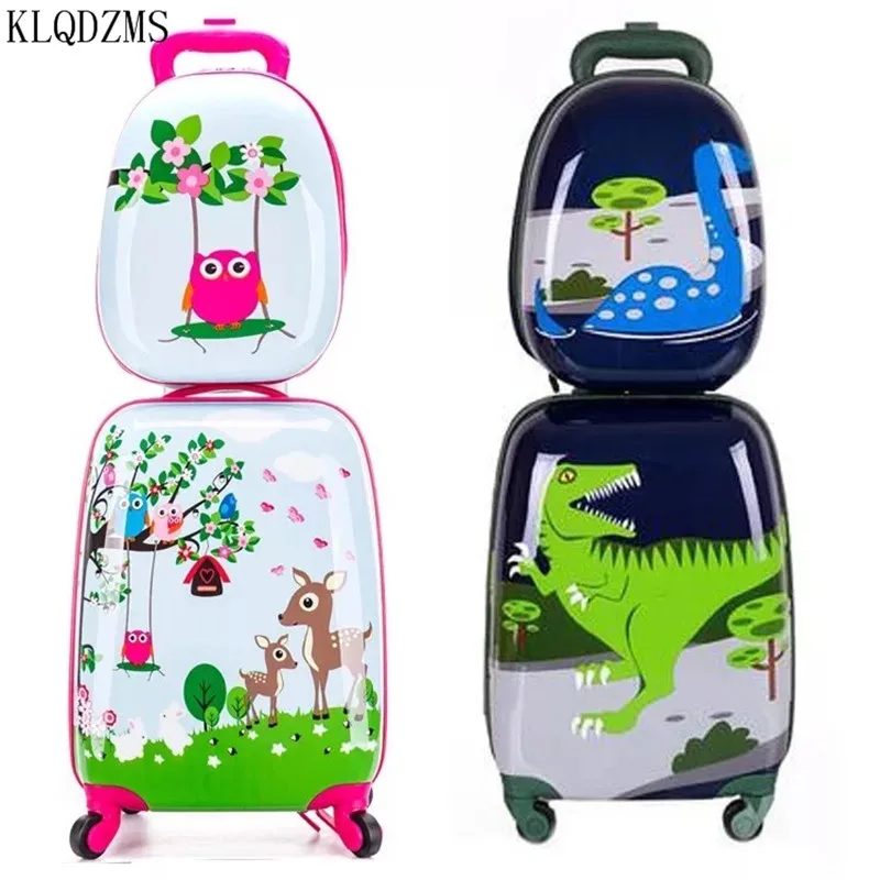 KLQDZMS Children's Suitcase Set 18 Inch Dinosaur Boy Backpack Trolley Case Waterproof Portable Boarding Case Female Baby