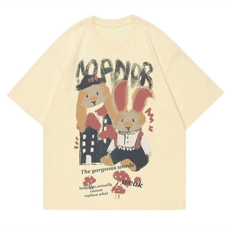 

Vintage Apricot Cotton Y2K Top Vintage Mushroom Rabbit Graphic T-shirt Cute Cartoon Short Sleeve Tops Summer Kawaii Tee Harajuku