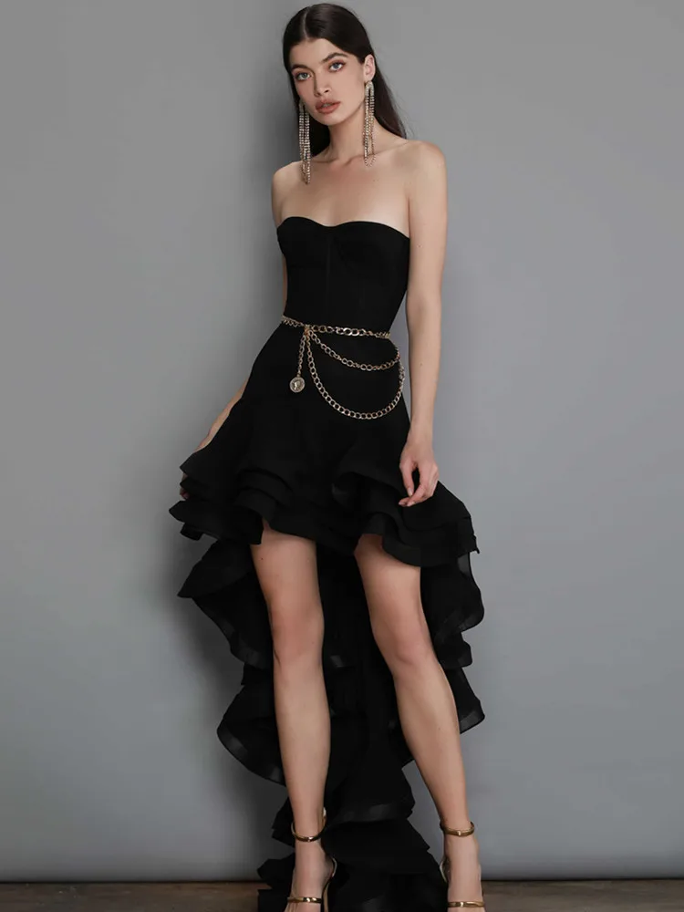 

2022 New Style Black Color Women Strapless Sexy Cascading Ruffles Long Tail Dress Rayon Bandage Girl's Birthday Prom Dress