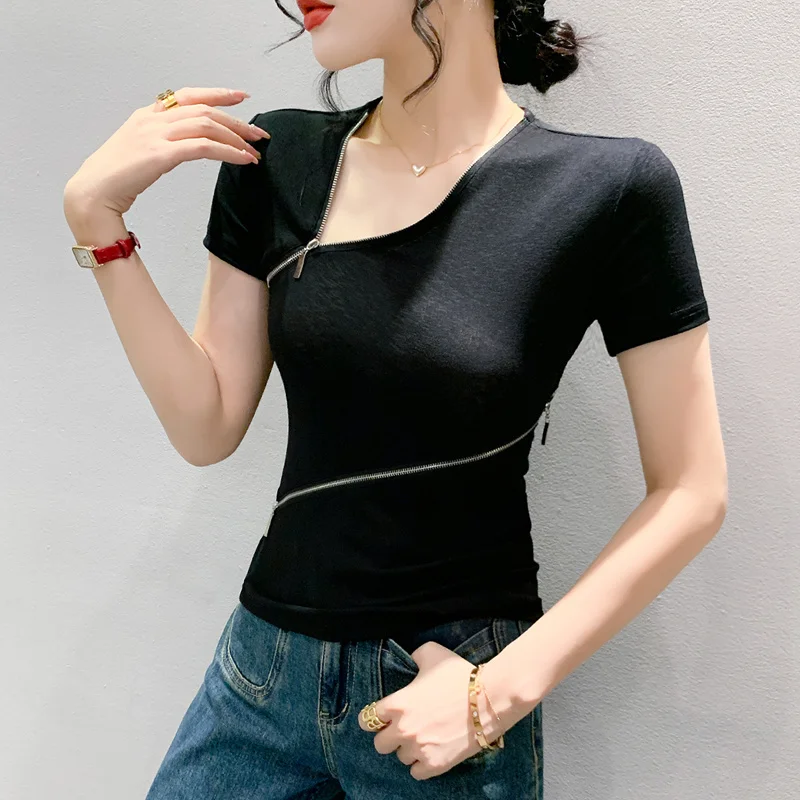 

#6365 Black Hip Hop T Shirt Women Skew Collar Zipper Sexy Streetwear Tshirt Female Short Sleeve Irregular Tight Womens T-shirt