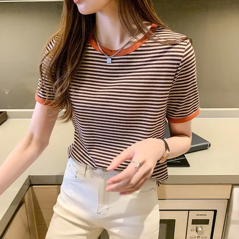 Vintage Printed O-Neck Spliced Striped Blouse Women's Clothing 2023 Summer New Casual Pullovers Loose Short Sleeve Shirt
