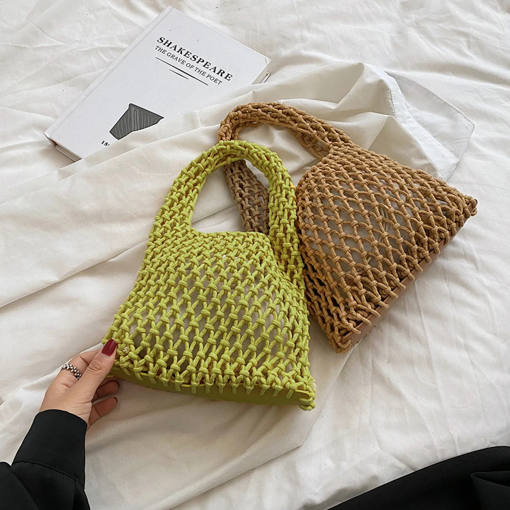 

Cotton Thread Knitted Women Handbags Ladies Net Hollow Out Mini Tote Bag Women Woven Shoulder Bag Beach Bag Sets 2022 Fashion