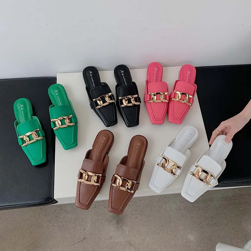 

Square Toe Women Slippers Flat Heeled Black Green White Pink Metal Chain Shallow Slip On Casual Outdoor Slides Slippers Mules