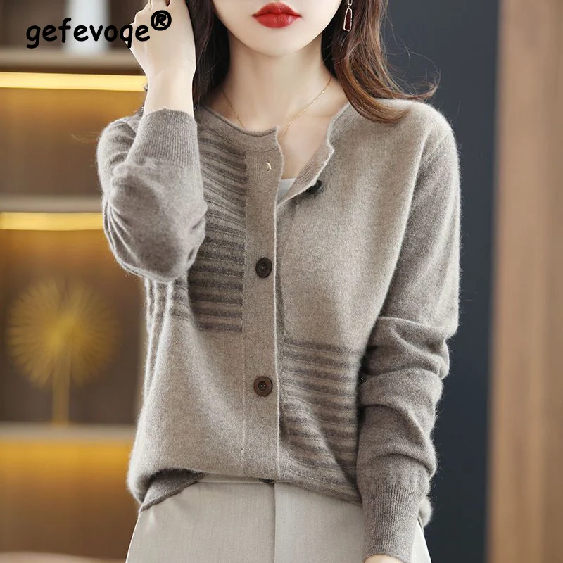 

2022 Fall Winter Vintage Elegant Simple Striped Soft Knitted Sweater Women Casual Loose O Neck Long Sleeve Button Coat Cardigan