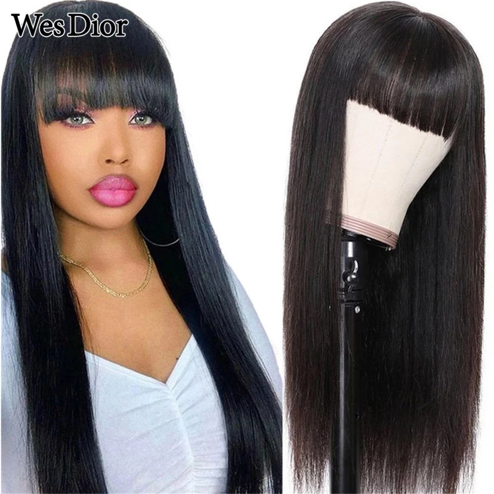 Straight Hair Wig With Bangs Brazilian Human Hair Wigs For Black Women Density180 Full Machine Made Human Hair Wig 8-26inch Remy