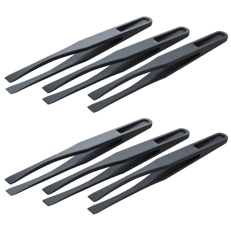 

115mm Long Flat Tip Black Plastic Anti-Static Tweezers 6 Pcs