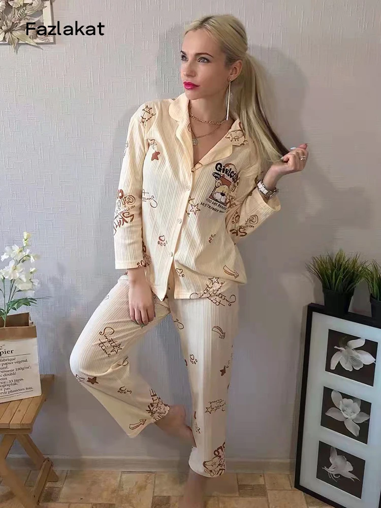 Autumn Pajamas Set Women Sleepwear Cotton Women Pajamas Long  Sleeve Tops With Long Trousers Ladies Pj Set Home Suit 3XL
