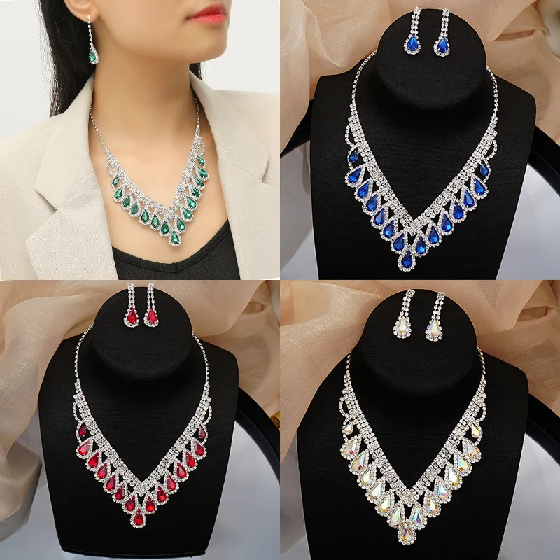 

Bridal Red Crystal Diamond Necklace Earrings Two Piece Set Exquisite Premium Knot Wedding Dress Necklace Accessories