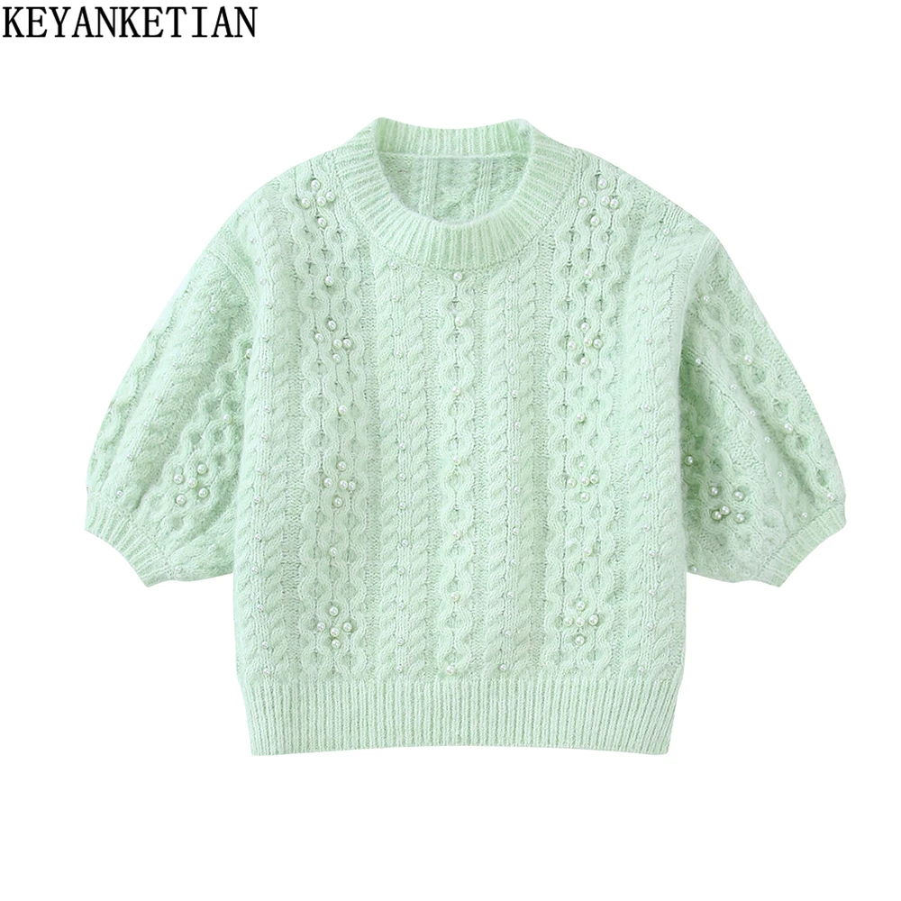 

KEYANKETIAN Women's Faux Pearl Embellished Short Sleeve Sweater Fall New Mint Green Puff Sleeve Crew Neck Pullover Sweater