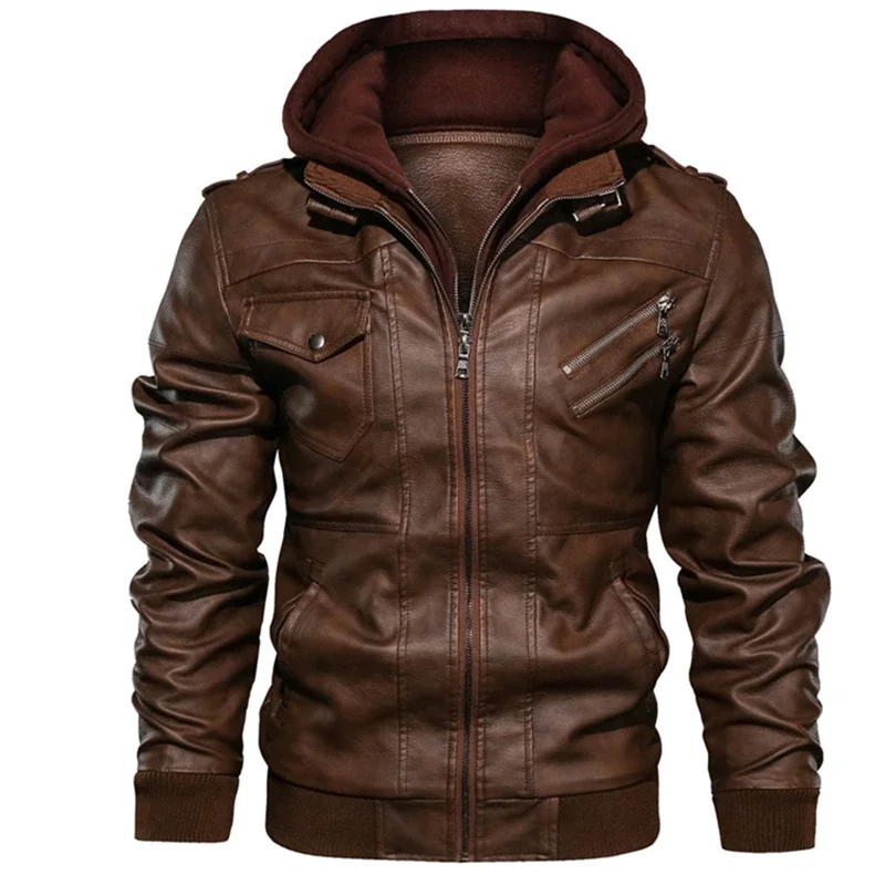 2022 Motorcycle Leather Jacket Autumn Winter Men's Windbreaker Hooded Jackets Male Outwear Warm Biker PU Jackets EU Size 3XL