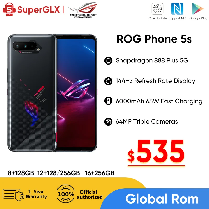 Asus ROG Phone 5S 5G Gaming Phone 6.78 144Hz Display Snapdragon 888 Plus 6000mAh Fast Charging 65W 64MP Camera 5G Smartphone
