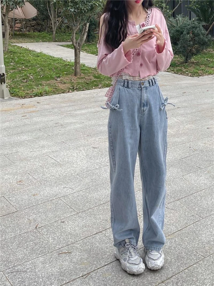 ADAgirl Kawaii Bow Women Jeans Light Blue Wide Leg Oversized Streetwear Pants Korean Style Solid Loose Full Length Trousers 2023
