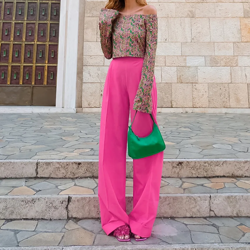 

Rose Red Cotton Linen Casual Loose Straight Trousers Women Summer Spring Office Lady Chic Wear 2022 Pants High Waist Wide Leg