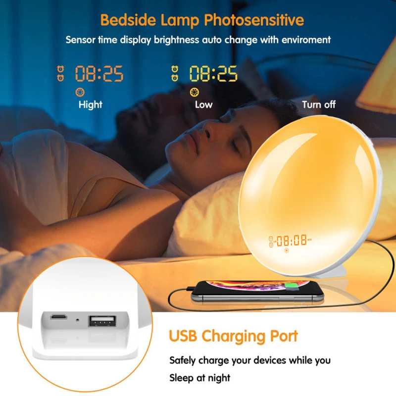 Usb Sunrise Sunset Simulation Snooze Digital Alarm Clock Fm Radio Nightlight 7 Colors Natural Sounds