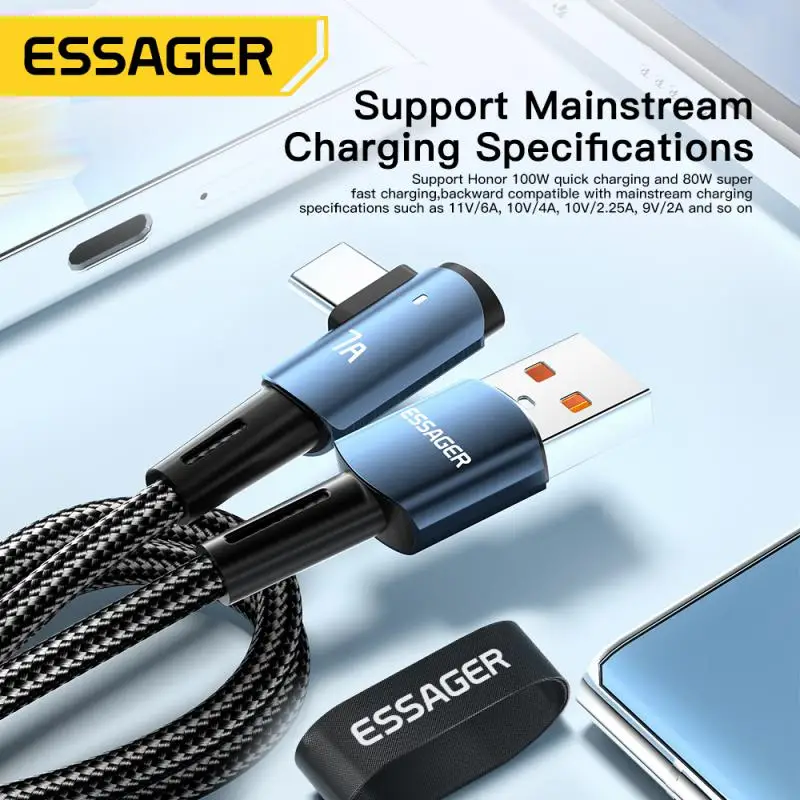 

Essager 7A USB Type C Cable Angled For OPPO 100W Fast Charing Cord For Honor Huawei P40 Oneplus Realme USB-C Charger Data Wire