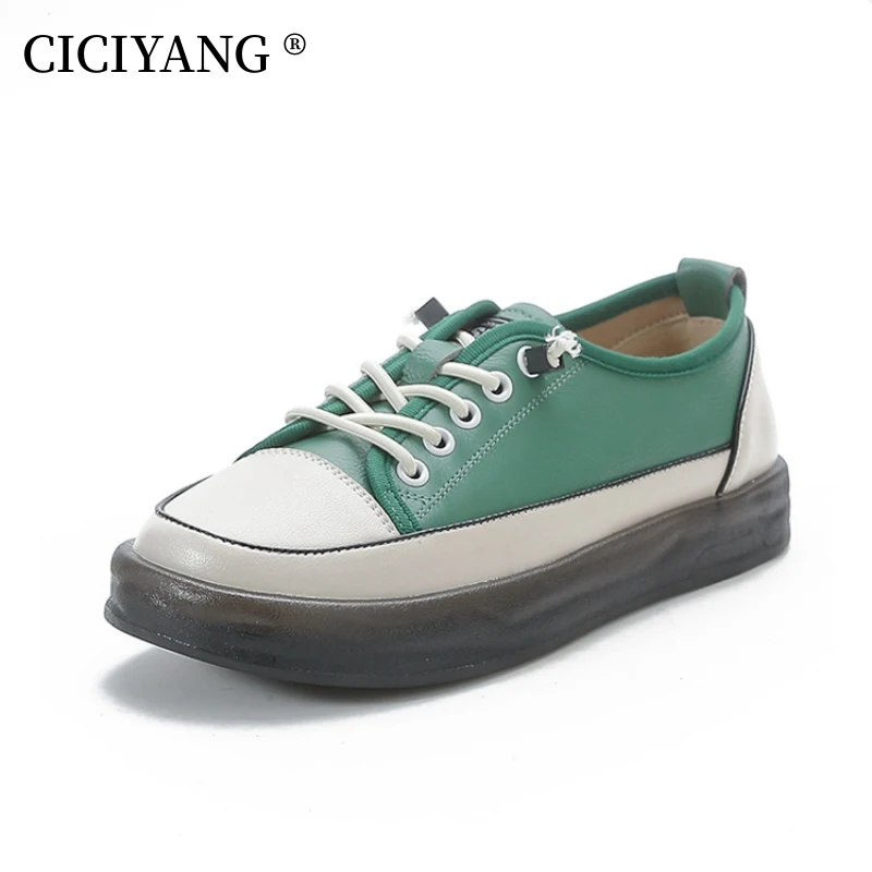 CICIYANG Genuine Leather Women Spring Flats Shoes 2023 New Lace-up White Shoes Casual Soft Sole Loafers Ladies Sneakers Handmade