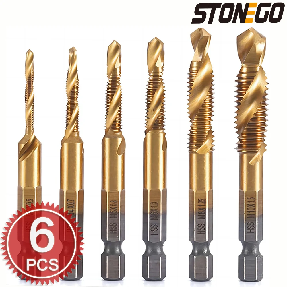 

Высокоскоростное сверло STONEGO, из стали 1/4 дюйма, с шестигранным хвостовиком, с разверткой, Метрическая быстрорежущая сталь 4341 и 6542, метчики M3, M4, M5, M6, M8, M10