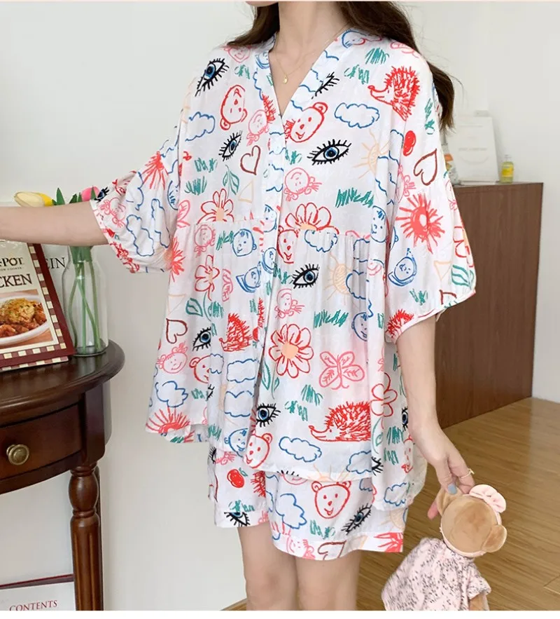 Summer Japanese Young La's Thin Cardigan Set Loose Cartoon Two Pieces Pajama Women Lovely V-Neck Half Sleeve Girl's Home Wear