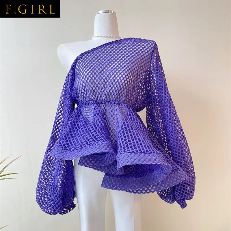 

F GIRLS Slim Waist Hollow Out Sexy Shirt Blouse Women Solid Color Fashion Blusas Mujer Streetwear All-match Cheimse Femme