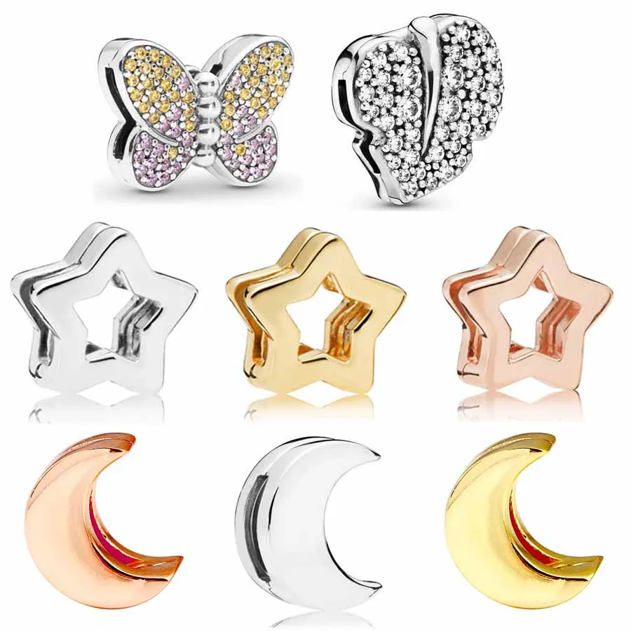 

Sparkling Leaf With Crystal Smooth Star Moon Reflexions Clip Charm Fit Europe Bracelet 925 Sterling Silver Bead Diy Jewelry