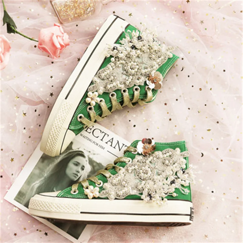 Retro green high-top canvas shoes heavy industry handmade bead string pearl single shoes personality casual sports shoes 35-40