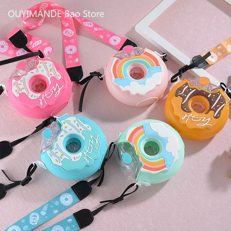 

New Cute Donut Kettle Creative Round Kids Water Bottle With Straw Outdoor Anti fall Portable Strap Plastic Water Cup BPA Free