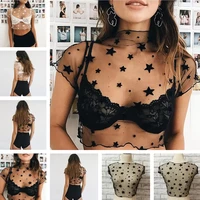 women sexy mesh see through t shirt 2022 fashion hollow transparent undershirt star dot base top camisas femininas clubwear