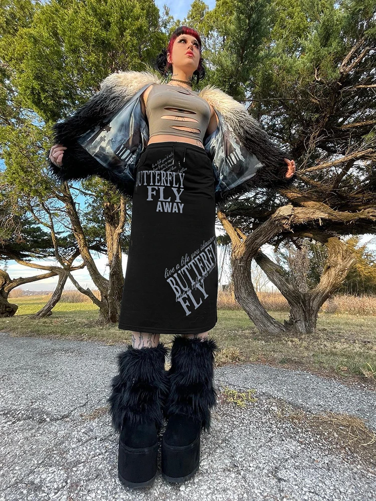 

Rockmore Gothic Print Straight Skirts Streetwear Women Midi Skirt Y2K Aesthetic Long Skirt Casual Korean Fashion Bottom