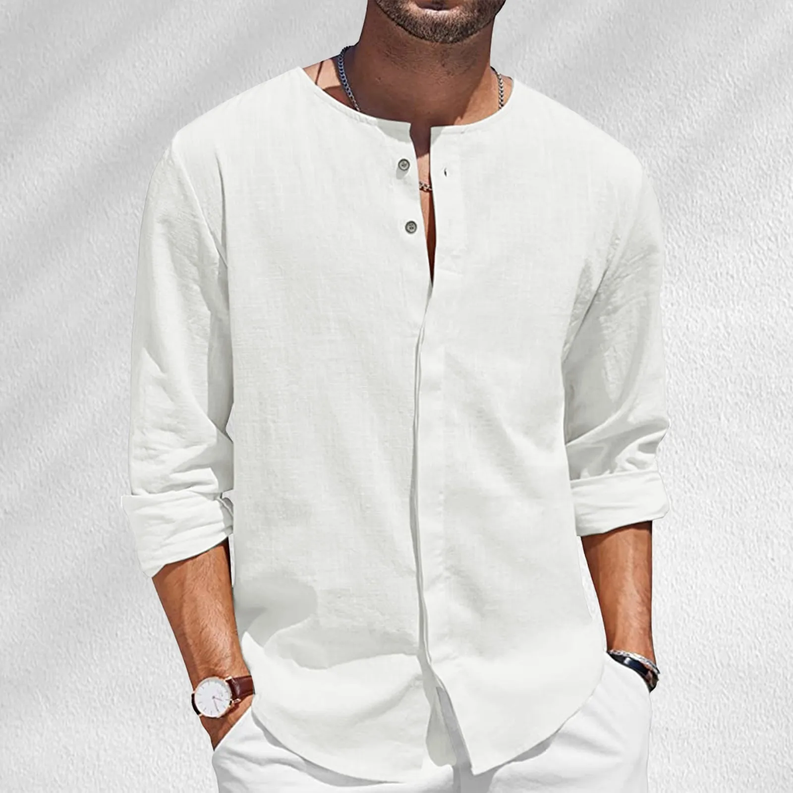 Футболка мужская с длинным рукавом хлопок и лен Повседневная тенниска на