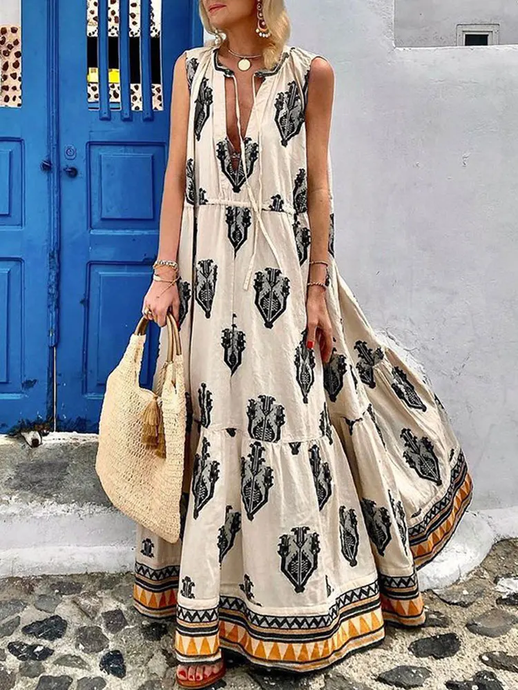 

Casual Bohemian Print Lace-up V Neck Sleeveless Dress 2023 Summer Plus Size Women Fashion Holiday Beachwear Maxi Dresses A1404