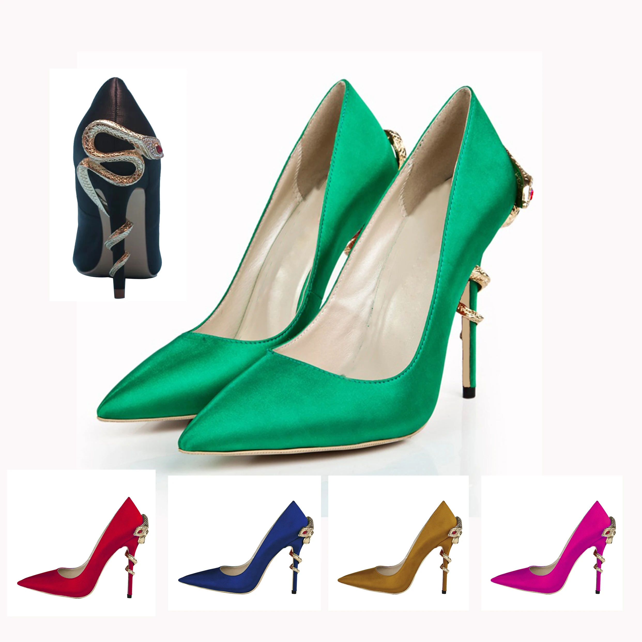 

Spring and Autumn Fashion Personality Metal Rhinestone Snake Slim High Single Shoes Pointed Toe Banquet High Heels