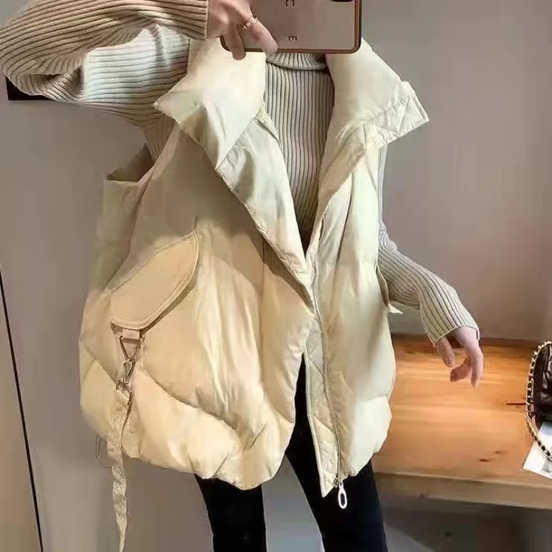 

2023 Winter Down Cotton Vest Women Loose Solid Sleeveless Jacket Coat Female Black White Warm Vests Autumn Lightweight Waistcoat