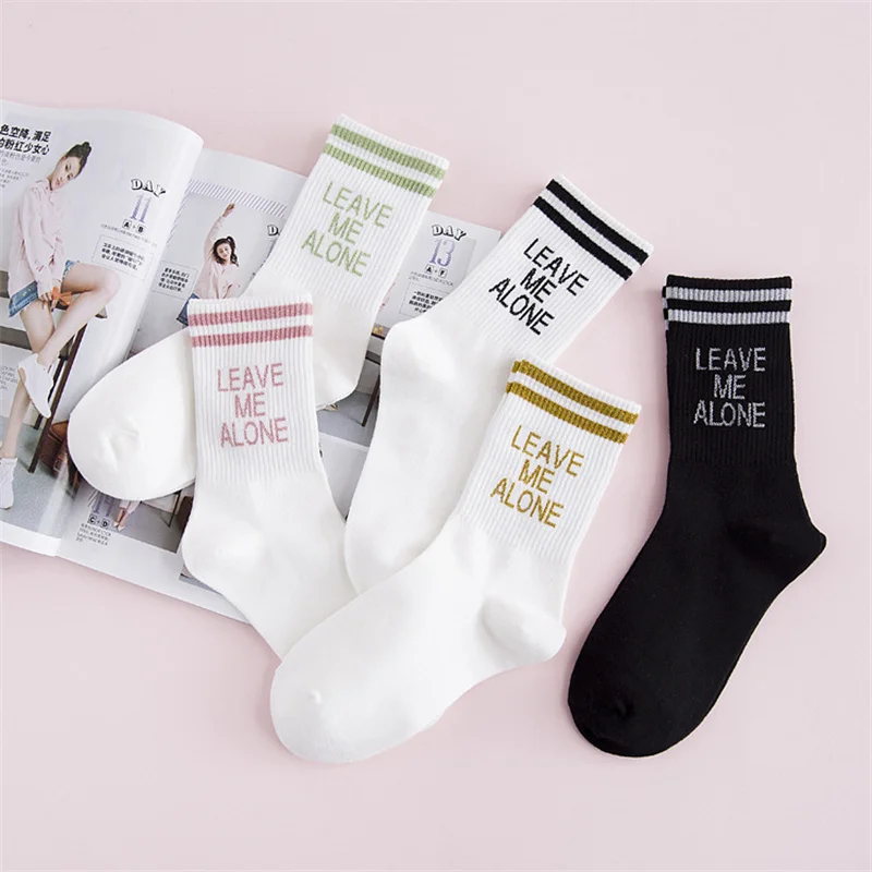 

New Women Socks Korean Style Cotton Stripe Letter Planet Print Solid Color Harajuku Sport Mid Tube Socks Breathable Casual Socks