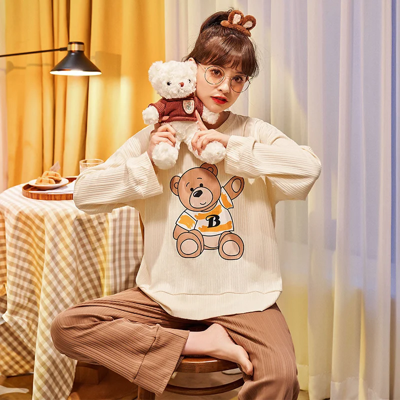new style pajamas female long sleeve cotton cartoon cute spring and autumn simple girls can wear home clothes