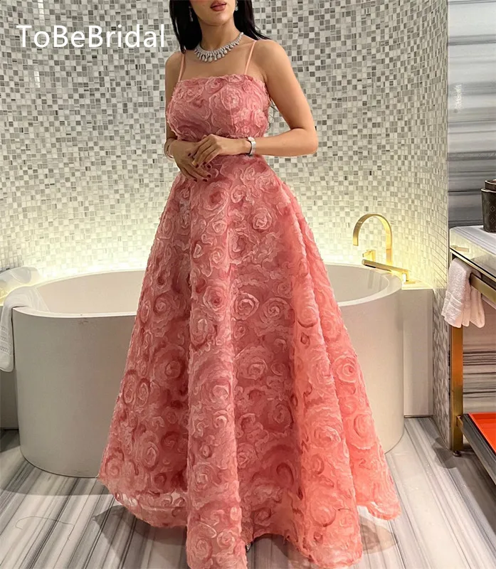 

2023 New Pink 3D Flower Graduation Party Dress Sexy Italian Noodle Strap A-line High Waist Lace Up Prom Gown فساتين سهره فاخره