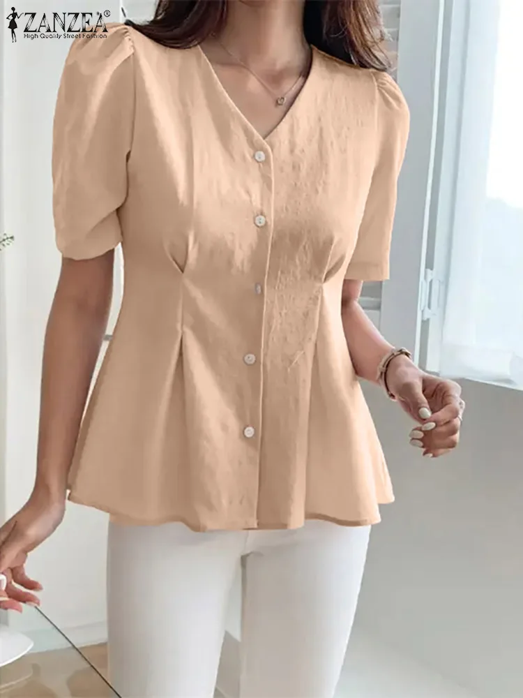 

Summer Women Puff Sleeve Pleated Shirts ZANZEA Oversized 2022 Office Lady V Neck Tops Oversized Casual Solid Cotton Streetwear 7