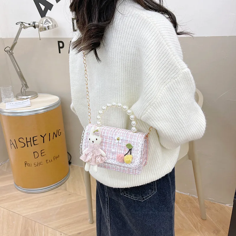 Girl Crossbody Bag Princess Pearl Handbag Cartoon Cute Rabbit Chain Shoulder Messenger Bag Children's Accessories Coin Pouch