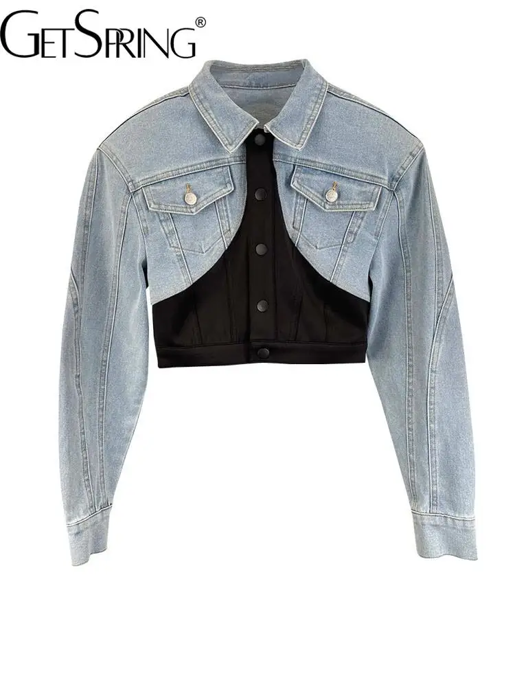 

GetSpring Women Denim Jacket Vintage Patchwork Short Jean Coat 2022 Corset Fashion Color Matching High Waist Autumn Tops New