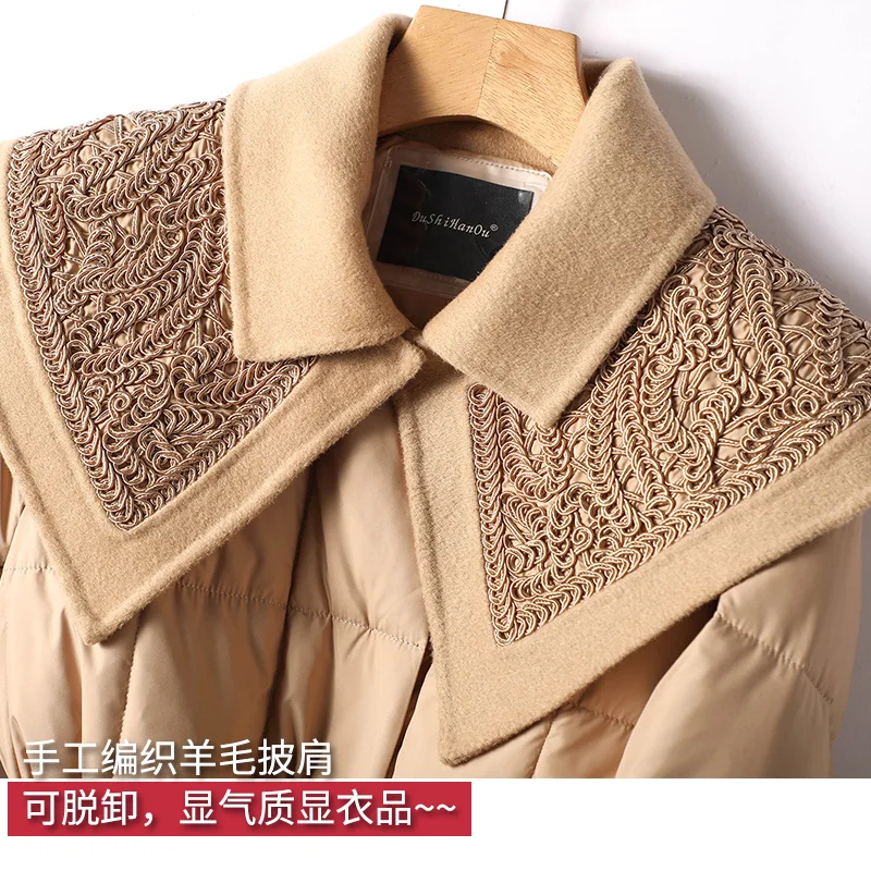 Long Duck Jacket Women 90%  White Duck Down Patchwork Wool Vintage Design Magnetic Clasp Slim Thin Casacos  Coats